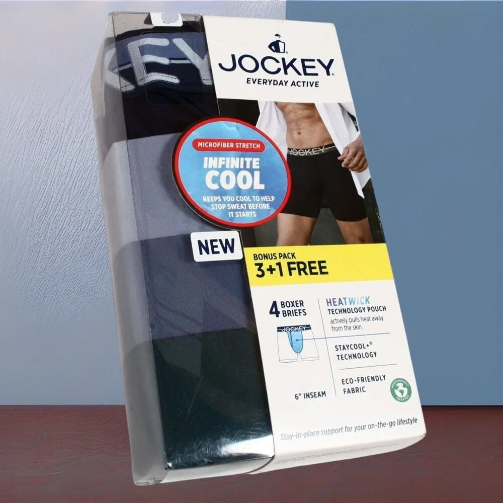 Jockey Infinite Cool Microfiber Stretch Boxer Briefs 4 Pack 6” Inseam Medium NEW